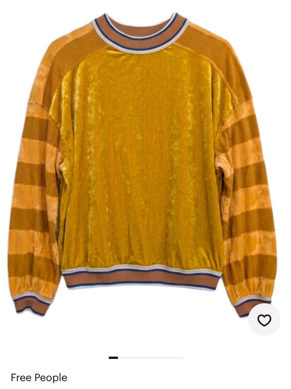 We The Free Mustard Velvet Crewneck with Striped Sleeves, XS - EUC